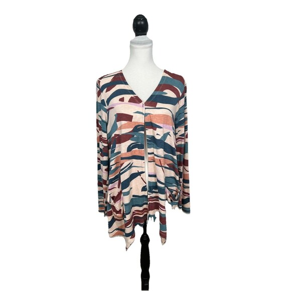 Logo Lori Goldstein Duster Cardigan Size L Large 1 Snap Multicolor Abstract Top - Picture 1 of 10